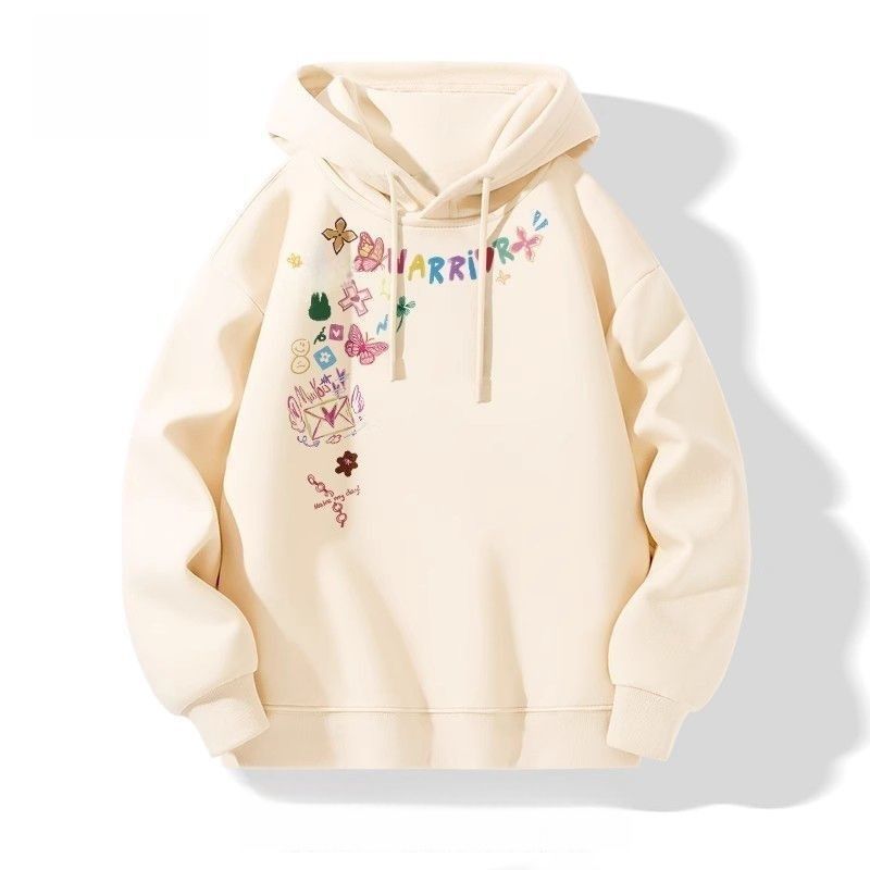 美式塗鴉花卉印花寬鬆休閒連帽情侶衛衣-vivivale