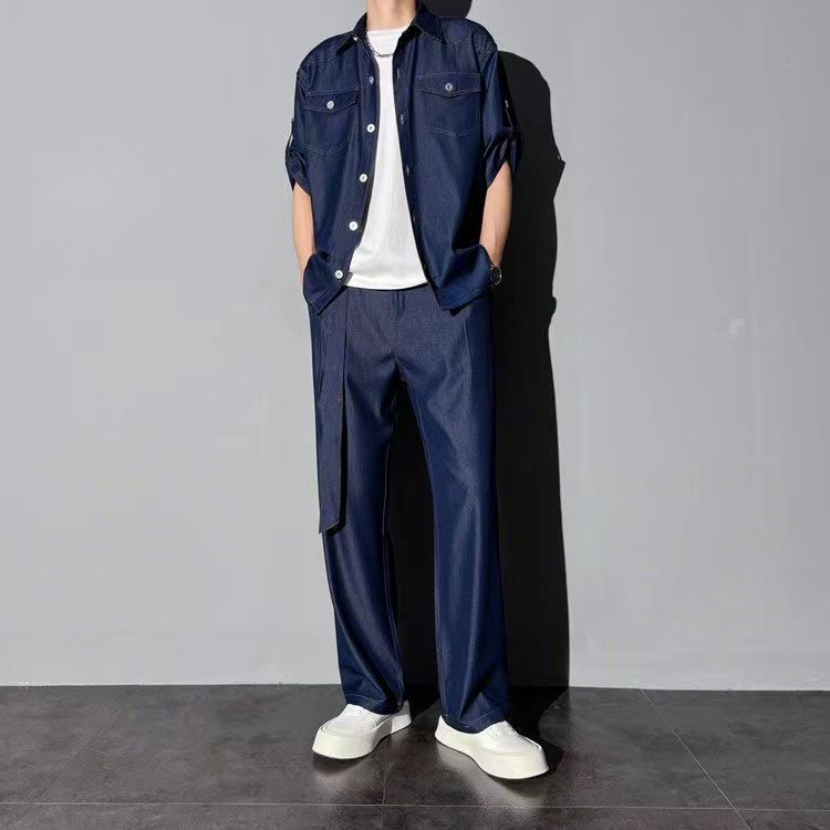 【單件/套裝】薄款五分袖時尚潮流冰絲牛仔襯衫+寬松休閑褲兩件套