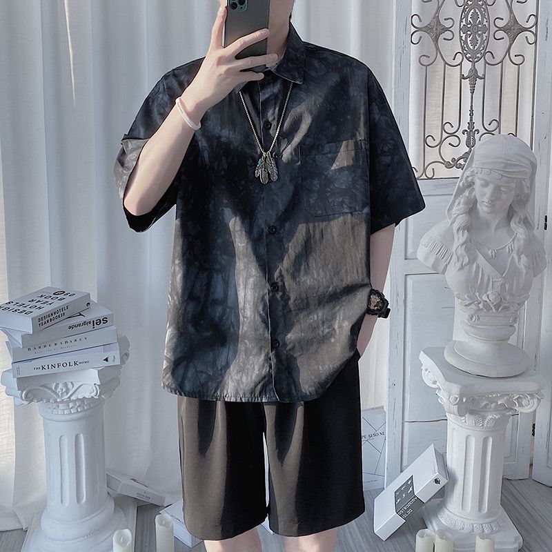 【整套】港風潮流韓版百搭短袖襯衫+休閑短褲兩件套