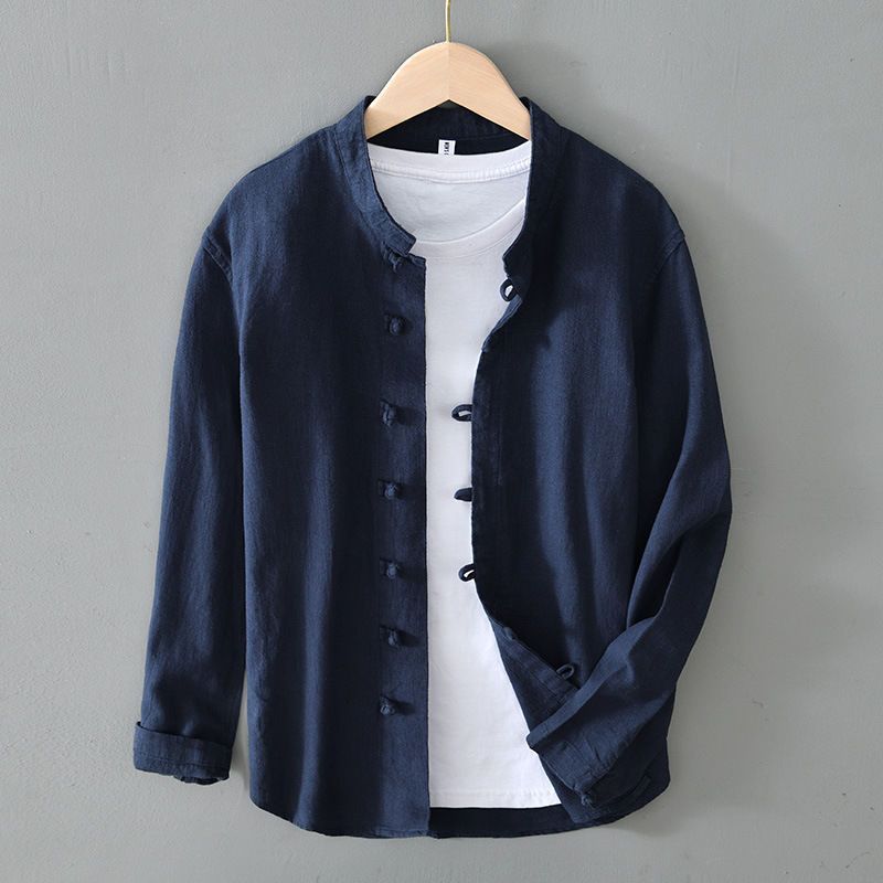 中國風復古盤扣寬鬆薄款立領休閒棉麻襯衫