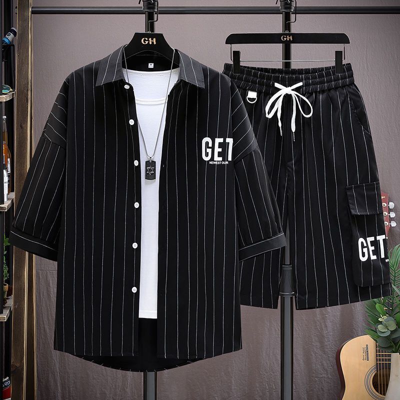 【單件/套裝】條紋寬鬆五分袖襯衣+薄款休閒運動短褲兩件套