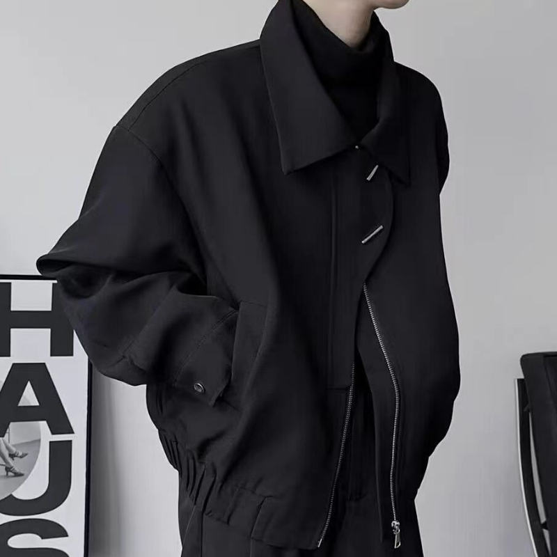 【單件/套裝】暗黑設計感韓版翻領夾克外套+長袖打底+項鏈+休閑直筒長褲