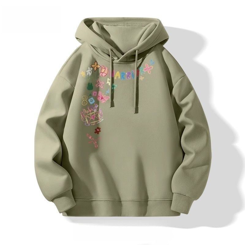 美式塗鴉花卉印花寬鬆休閒連帽情侶衛衣-vivivale