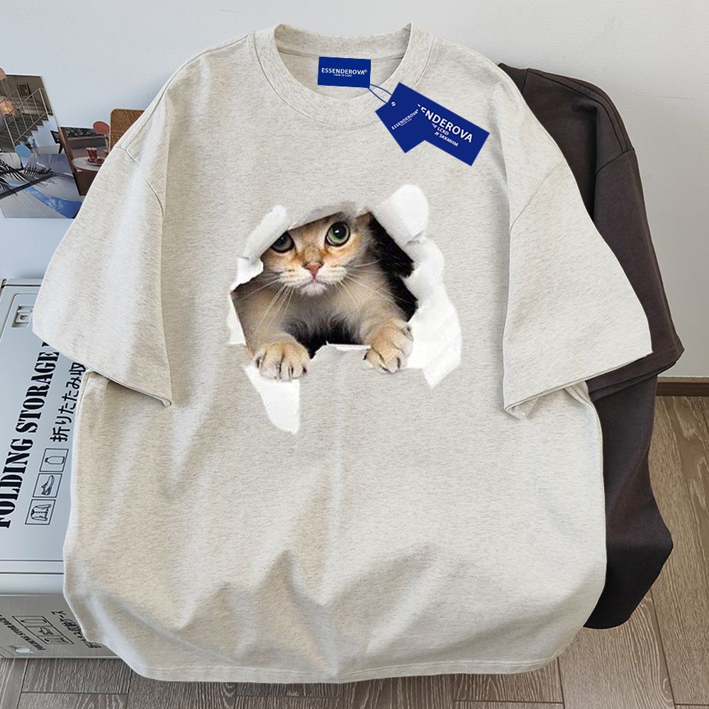 9色百搭純棉小貓印花寬鬆休閒小眾短袖-vivivale