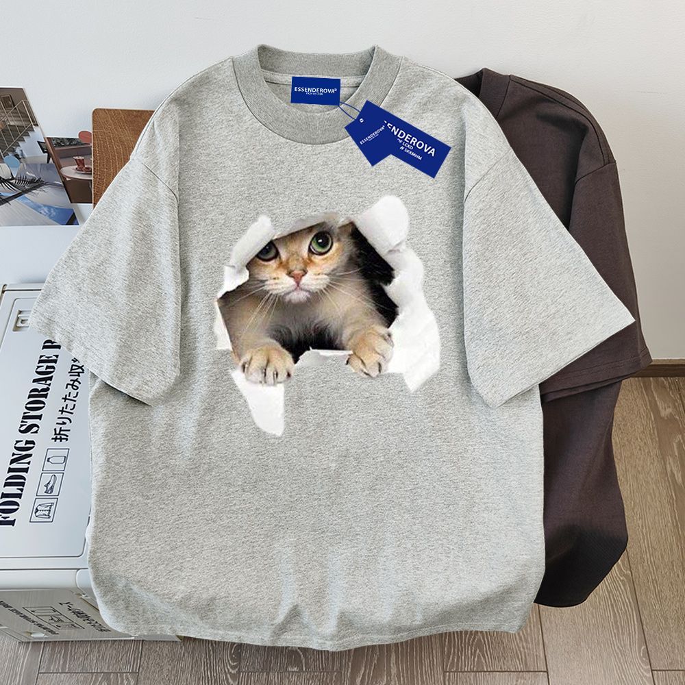 9色百搭純棉小貓印花寬鬆休閒小眾短袖-vivivale