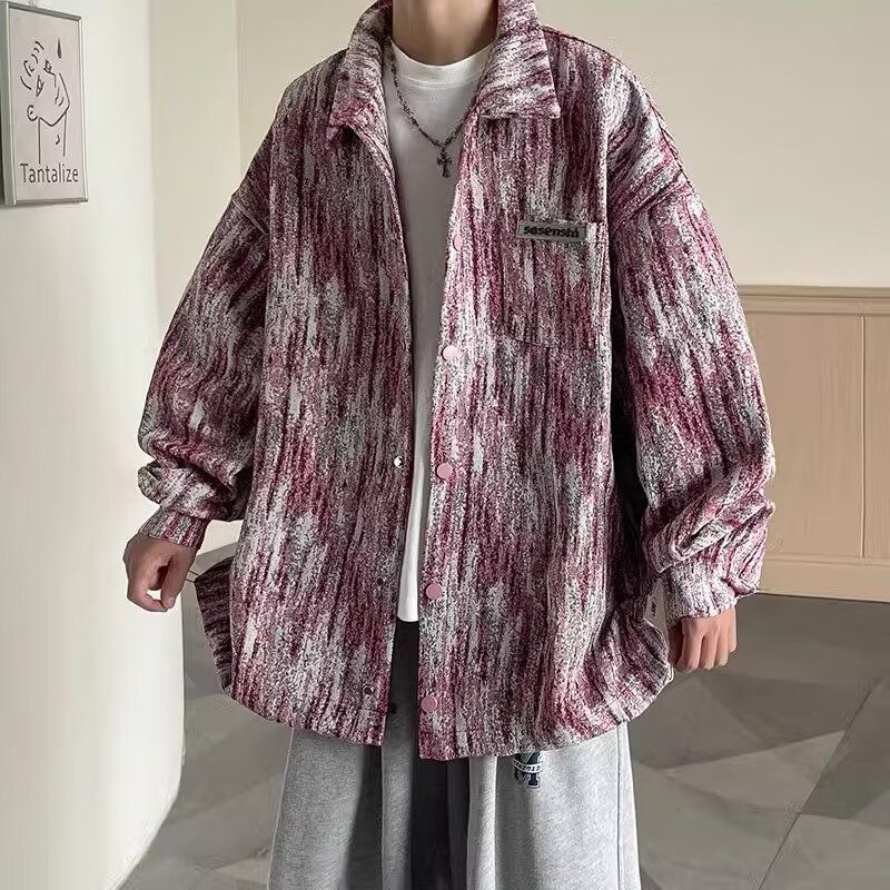 美式高街潮流休閒帥氣寬鬆紮染長袖襯衫