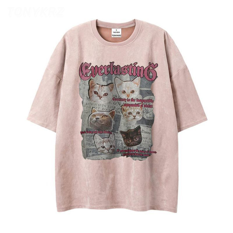 美式暗黑亞比風印花情侶寬鬆麂皮絨短袖t恤