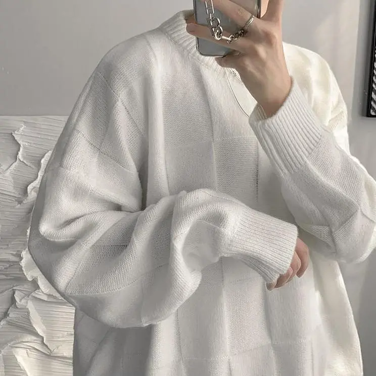 慵懶風復古圓領寬鬆潮流百搭慵懶格子針織毛衣