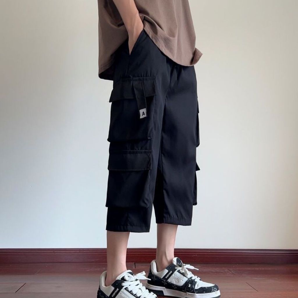 多口袋工裝薄款耐磨休閒運動潮流直筒七分短褲