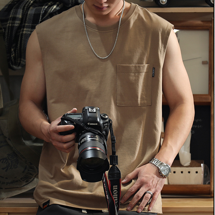 美式復古重磅純色寬鬆休閒健身無袖T恤-vivivale