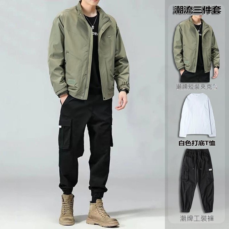 【單件/套裝】帥氣百搭防風夾克+白色長袖T恤+黑色工裝褲三件套-vivivale