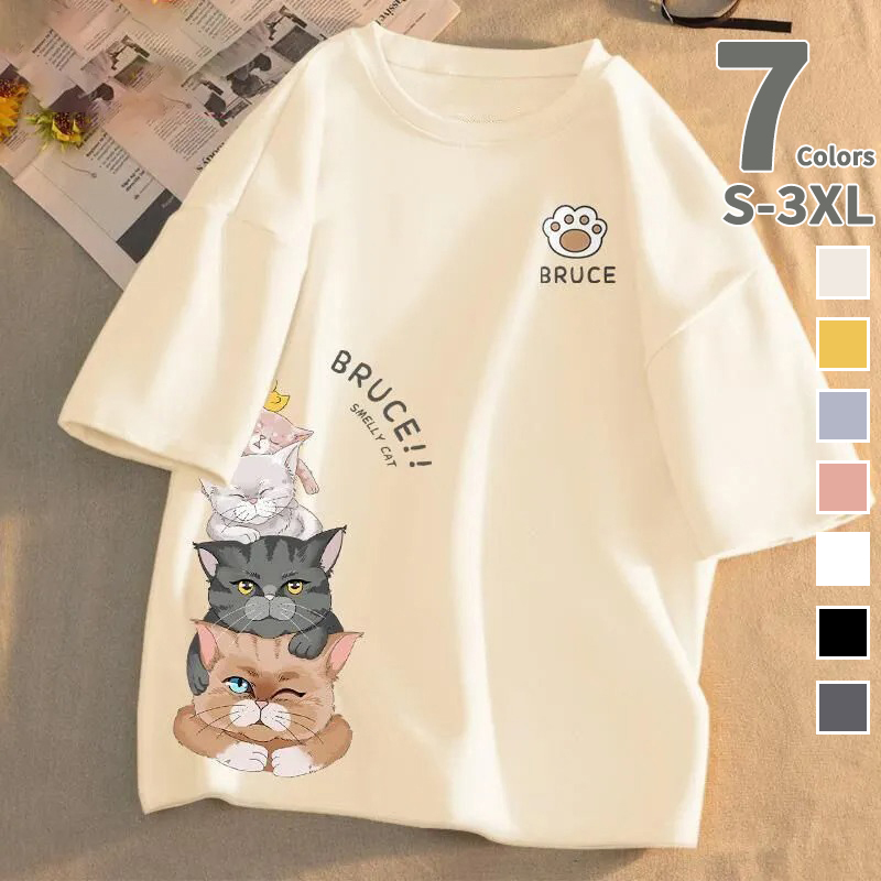 百搭情侶款可愛潮流貓咪印花短袖T恤-vivivale