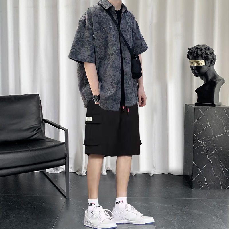 【單件/套裝】港風寬松百搭帥氣短袖襯衫+百搭T恤+休閑五分短褲三件套