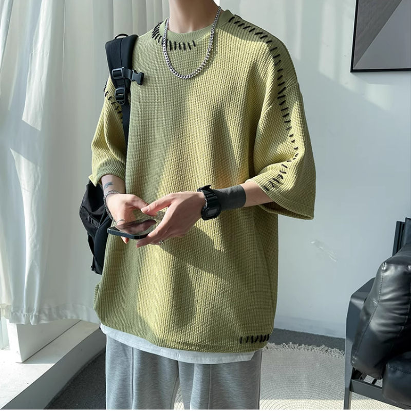 設計感帥氣寬鬆休閒圓領華夫格短袖t恤-vivivale