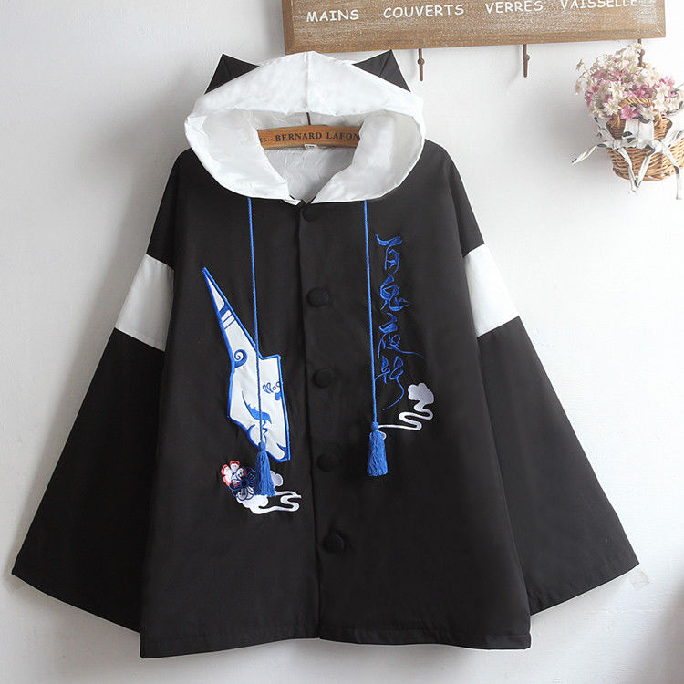 大碼喇叭袖惡魔斗篷寬鬆耳朵連帽風衣外套-vivivale