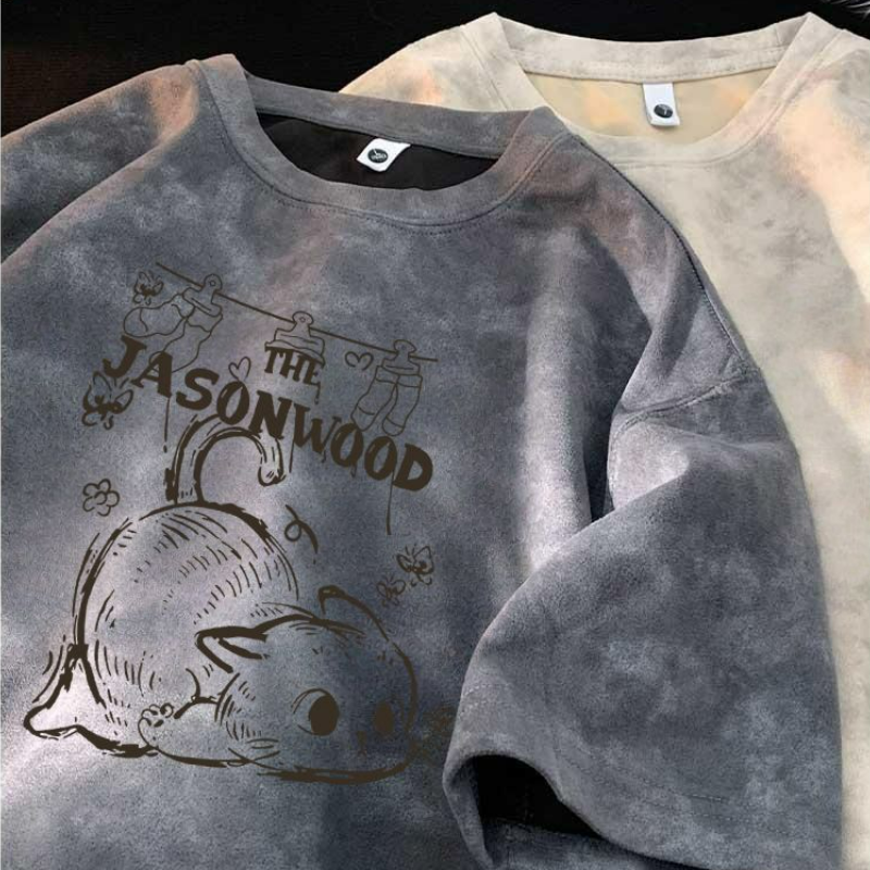 時尚休閑紮染卡通小貓印花短袖T恤