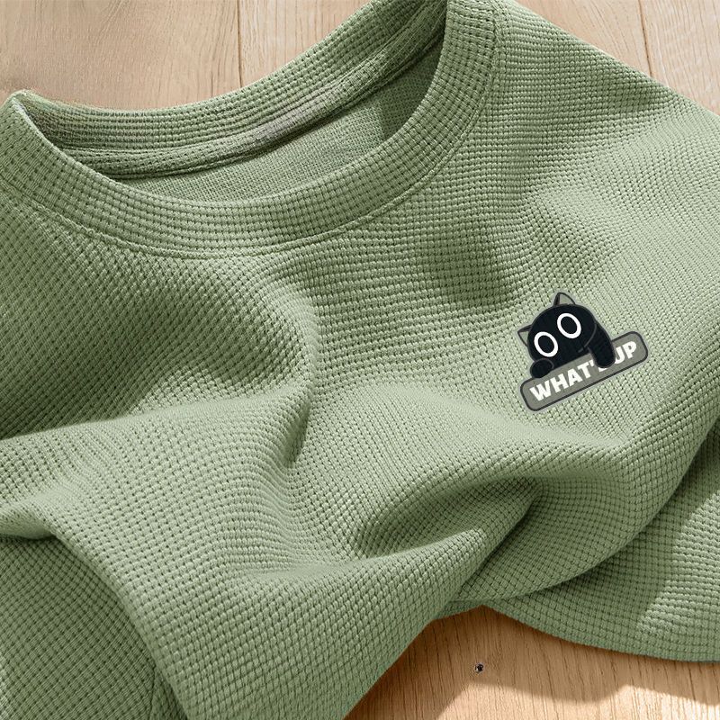 華夫格寬鬆簡約圓領印花短袖-vivivale