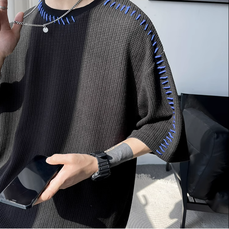 設計感帥氣寬鬆休閒圓領華夫格短袖t恤-vivivale