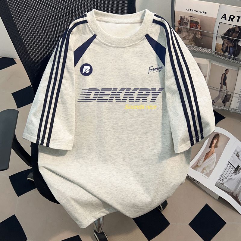 美式潮流字母印花寬鬆三條杠純棉短袖T恤-vivivale