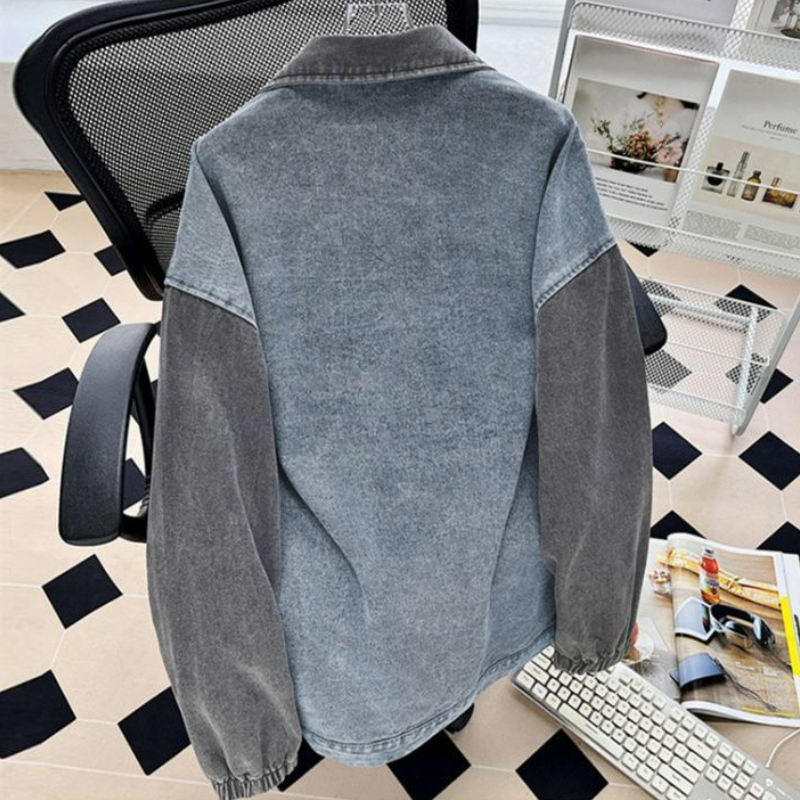 港風復古設計感拼接撞色夾克百搭牛仔外套-vivivale