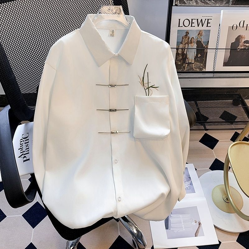 國風刺繡中式百搭休閒金屬痞帥長袖襯衫