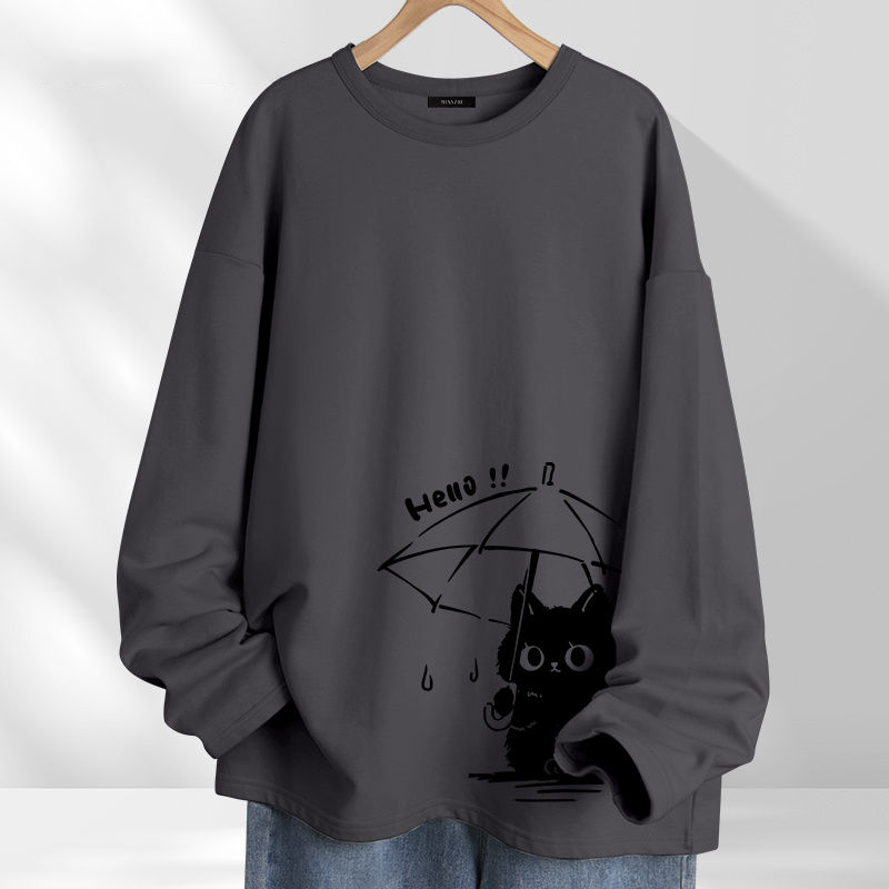 簡約寬鬆休閒小眾設計感撐傘貓長袖t恤-vivivale