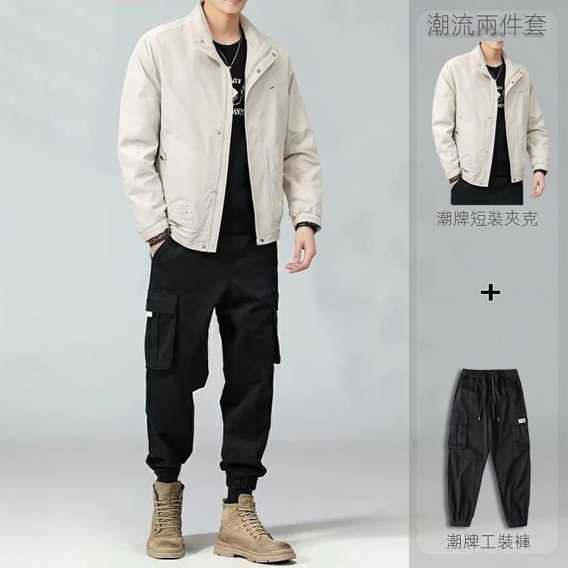 【單件/套裝】帥氣百搭防風夾克+白色長袖T恤+黑色工裝褲三件套-vivivale