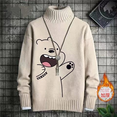 韓版卡通印花潮流針織衫一體絨半高領毛衣-vivivale