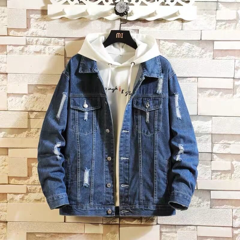 【套裝】牛仔潮流休閒夾克+印花衛衣+搭配帥氣褲裝三件套套裝