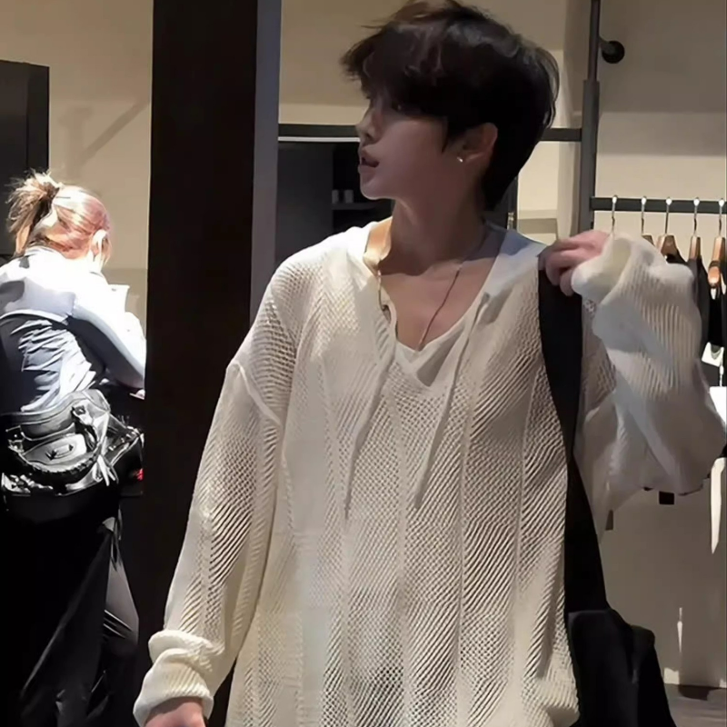 小眾設計感針織寬鬆慵懶風高級感鏤空長袖t恤-vivivale