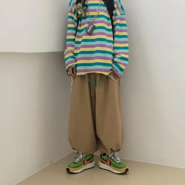 復古個性街頭日系工裝寬鬆高腰闊腿燈籠褲-vivivale