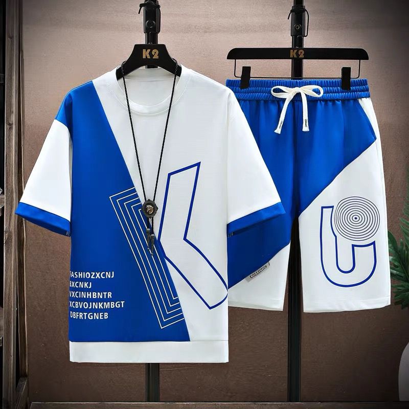 【套裝】休閒運動撞色冰絲短袖+鬆緊腰抽繩短褲兩件套裝-vivivale