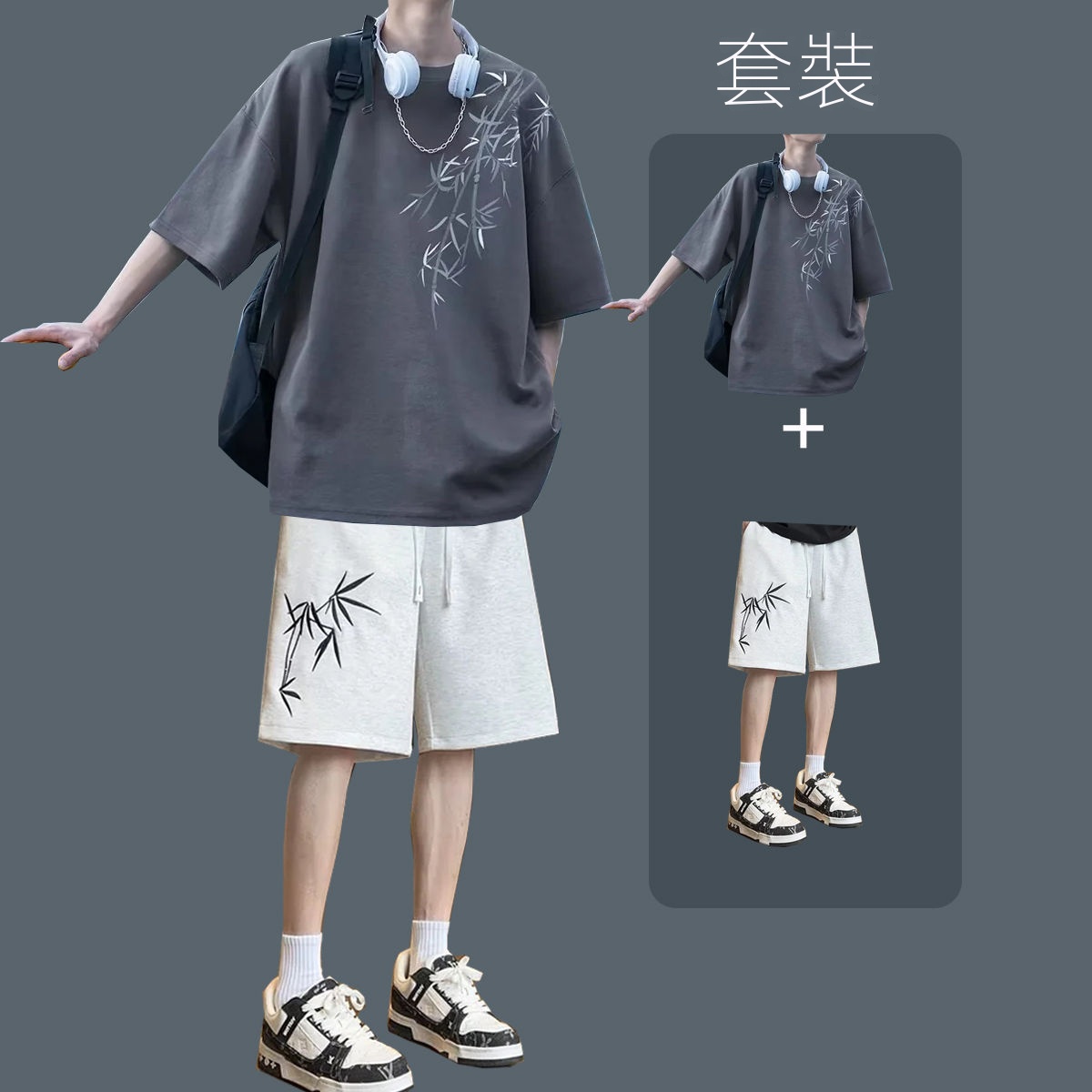 【套裝】休閒百搭潮流運動風短袖T恤+短褲兩件套裝-vivivale