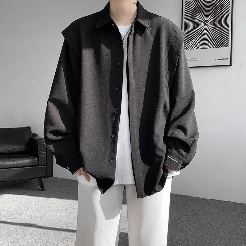 高級感痞帥廓形百搭美式潮牌假兩件長袖襯衣