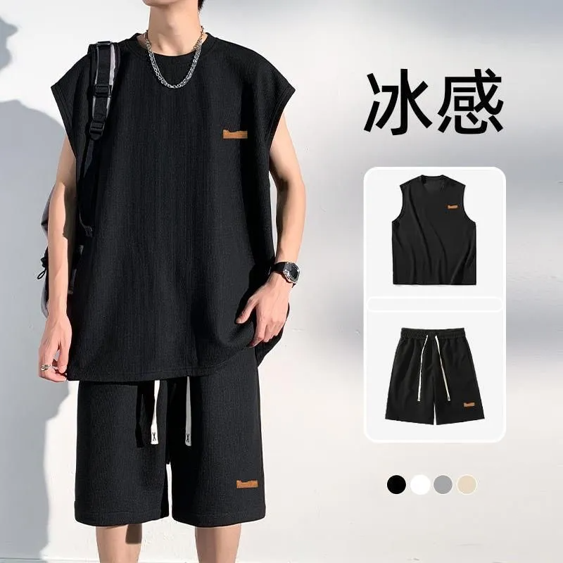 【套裝】冰絲速乾運動風健身無袖背心+短褲兩件套裝-vivivale