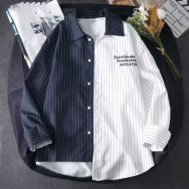 潮流不對稱長袖條紋撞色拼接襯衫-vivivale