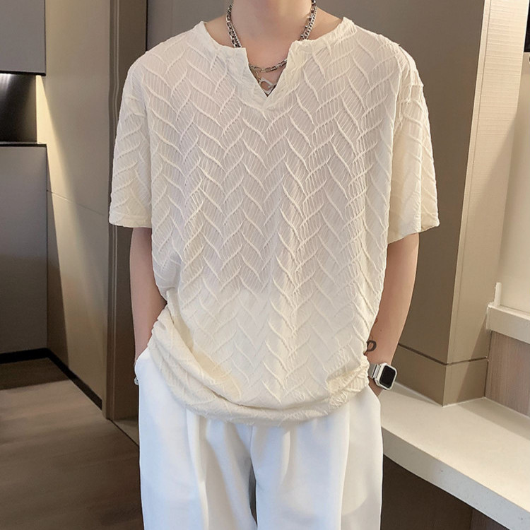 法式高街ins寬鬆慵懶風魚鱗紋V領短袖t恤衫-vivivale