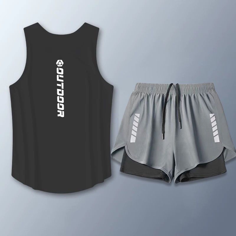 【整套】健身籃球跑步運動速冰絲透氣無袖T恤短褲兩件套裝