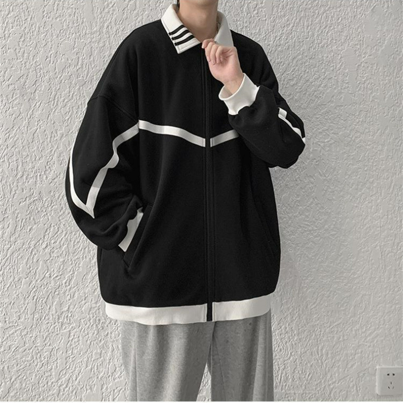 潮流港風寬鬆休閒夾克百搭情侶拼色外套