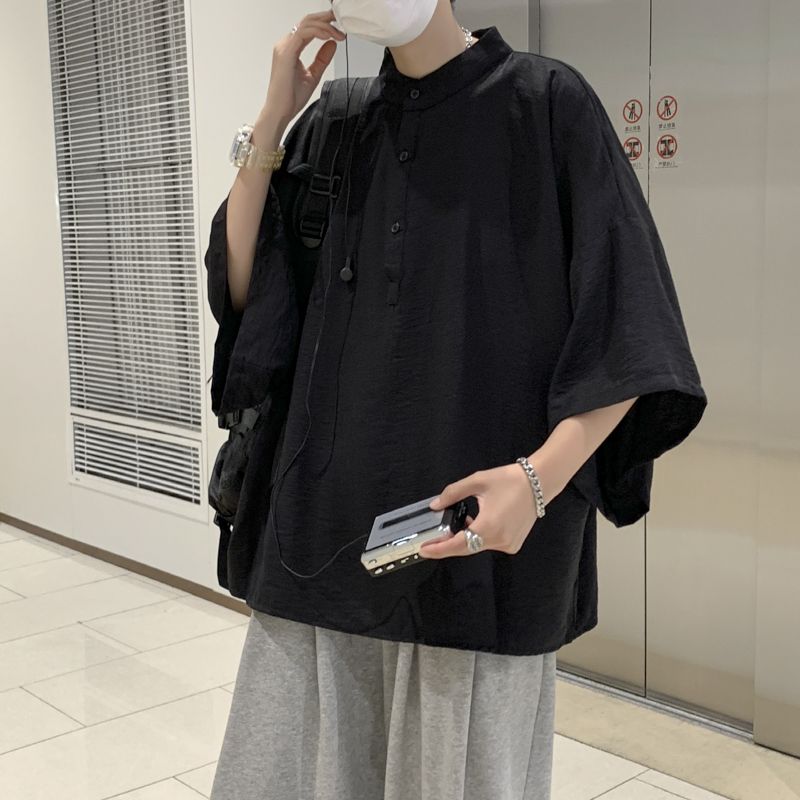 新中式寬鬆顯瘦百搭冰絲五分袖蝙蝠襯衫