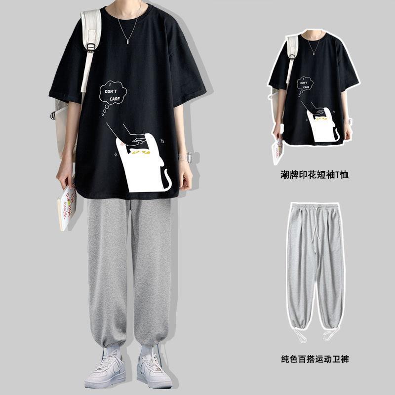 【單件/套裝】ins潮牌貓咪印花短袖t恤+運動束腳褲裝兩件套套裝-vivivale