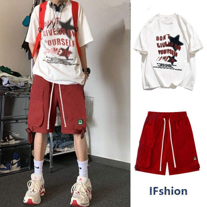 【單件/整套】美式hiphop潮流短袖T恤+工裝五分短褲兩件套裝-vivivale
