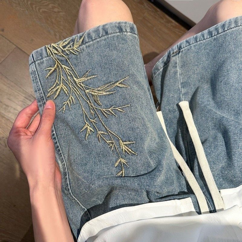 新中式新款刺繡國風牛仔夏季薄款寬鬆水洗五分褲短褲潮流百搭