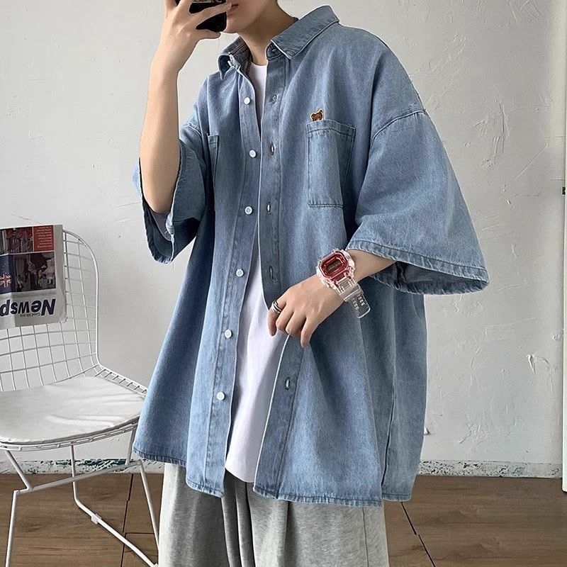 【單件/套裝】美式寬鬆慵懶短袖+牛仔襯衫+休閒褲三件套裝