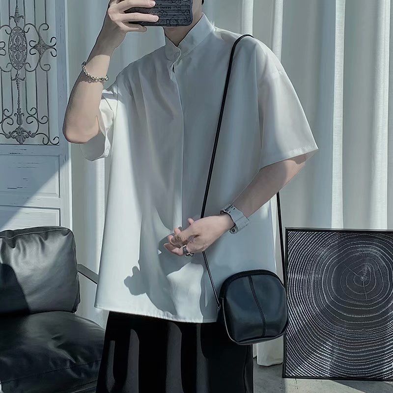 【單件/套裝】冰絲寬鬆立領襯衫+潮流純色五分褲兩件套-vivivale