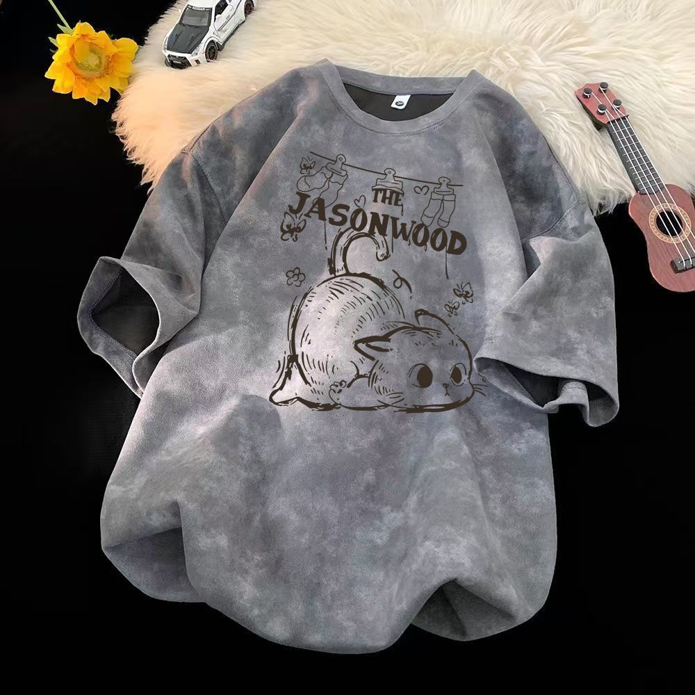 時尚休閑紮染卡通小貓印花短袖T恤