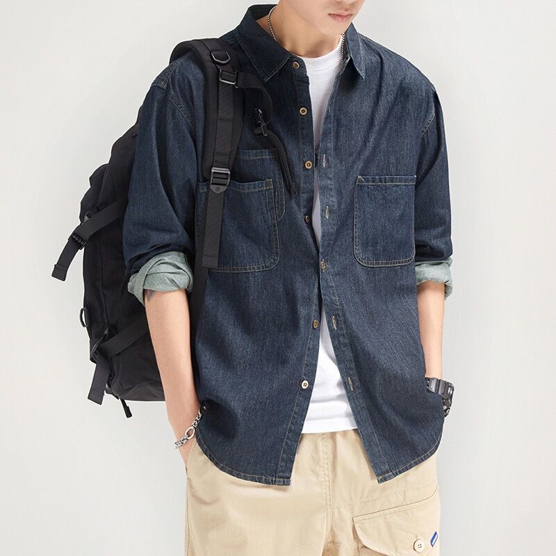 素色寬鬆休閒工裝潮牌痞帥襯衫牛仔外套