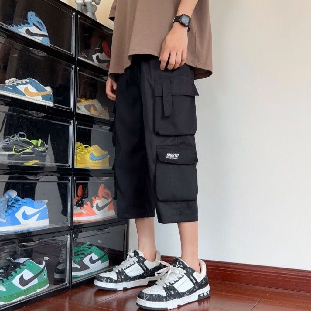 多口袋工裝薄款耐磨休閒運動潮流直筒七分短褲