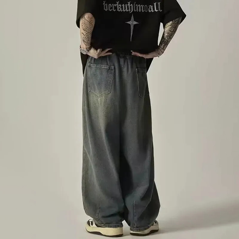 鬆緊腰oversize日系寬鬆街頭垂感拖地闊腿牛仔褲