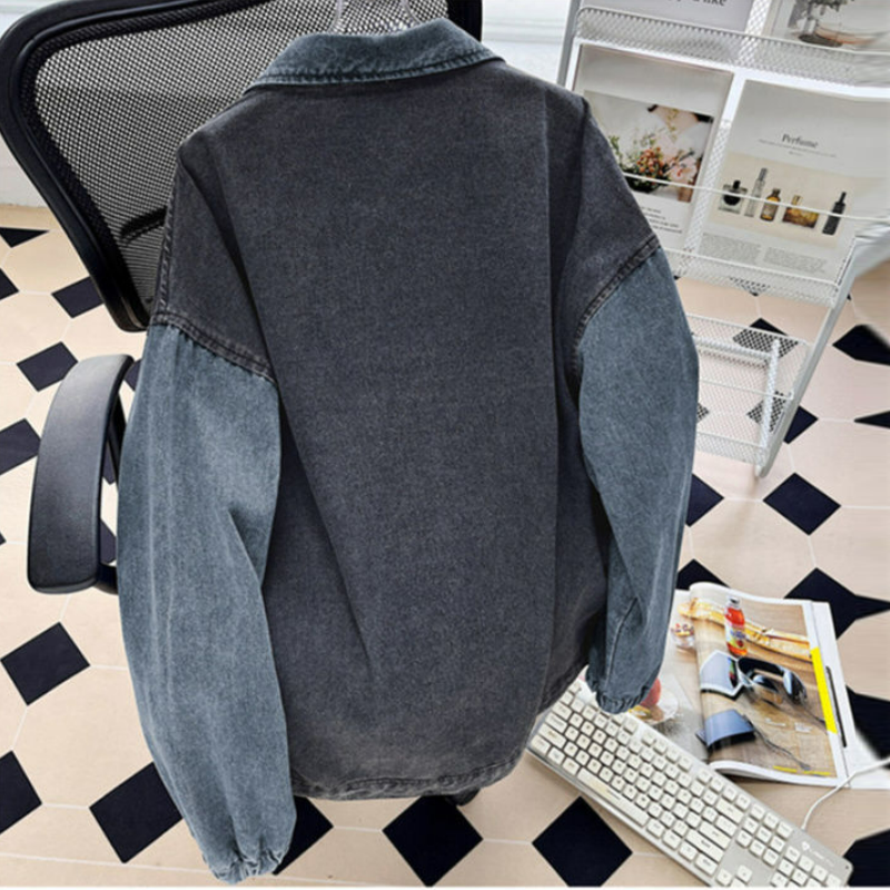 港風復古設計感拼接撞色夾克百搭牛仔外套-vivivale